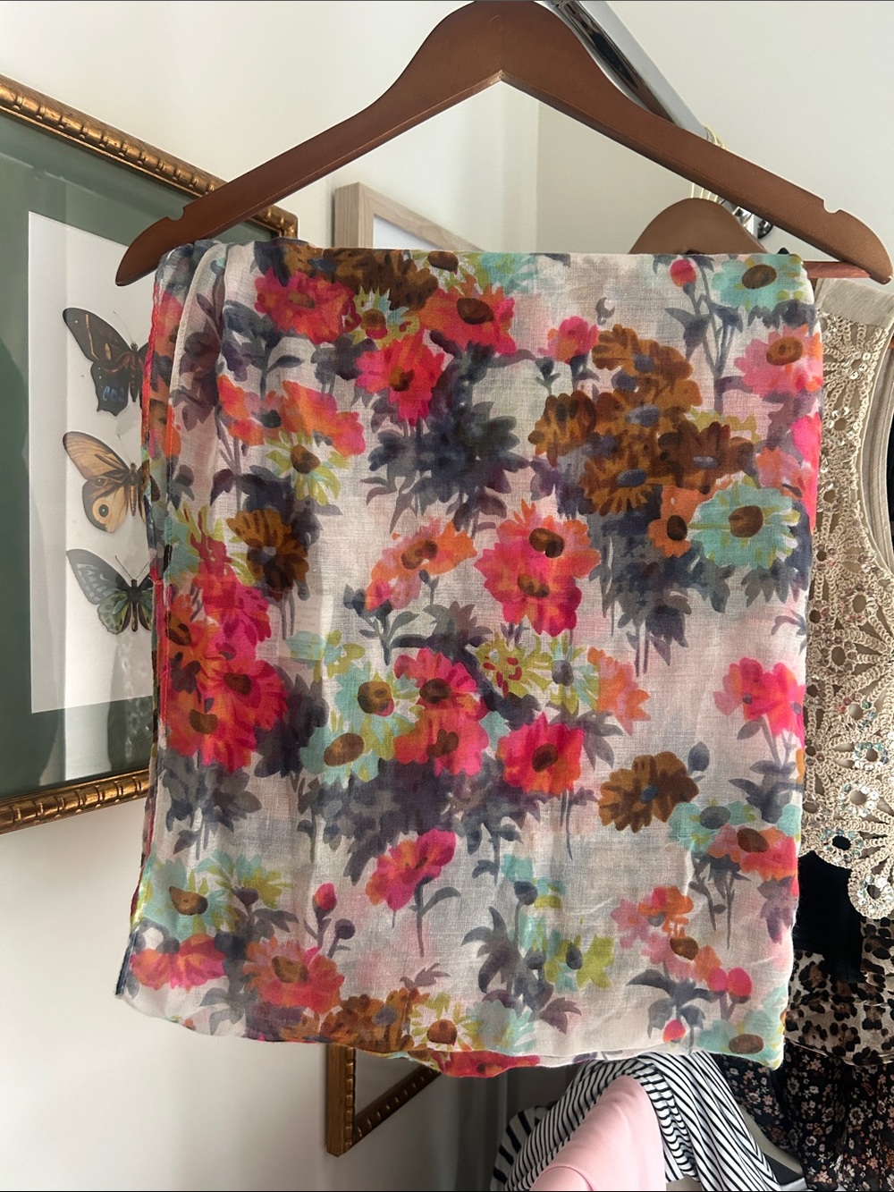 Floral Lightweight Scarf in Pink, Coral, Aqua & Brown